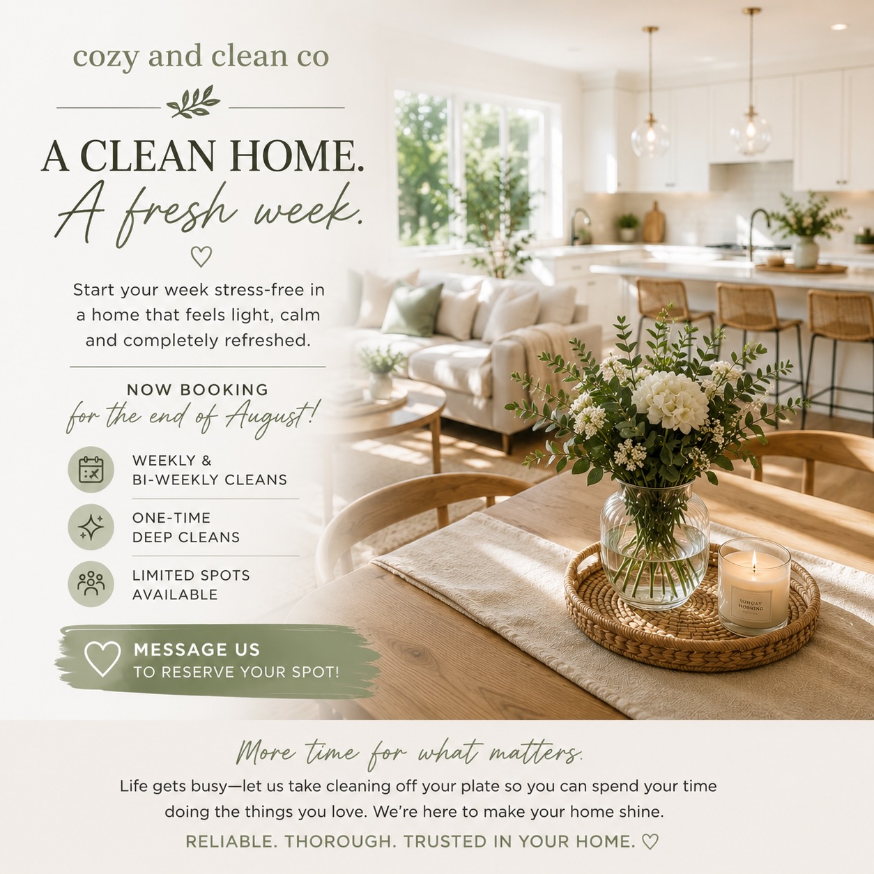 A bright, calm home interior in Cozy & Clean's visual style