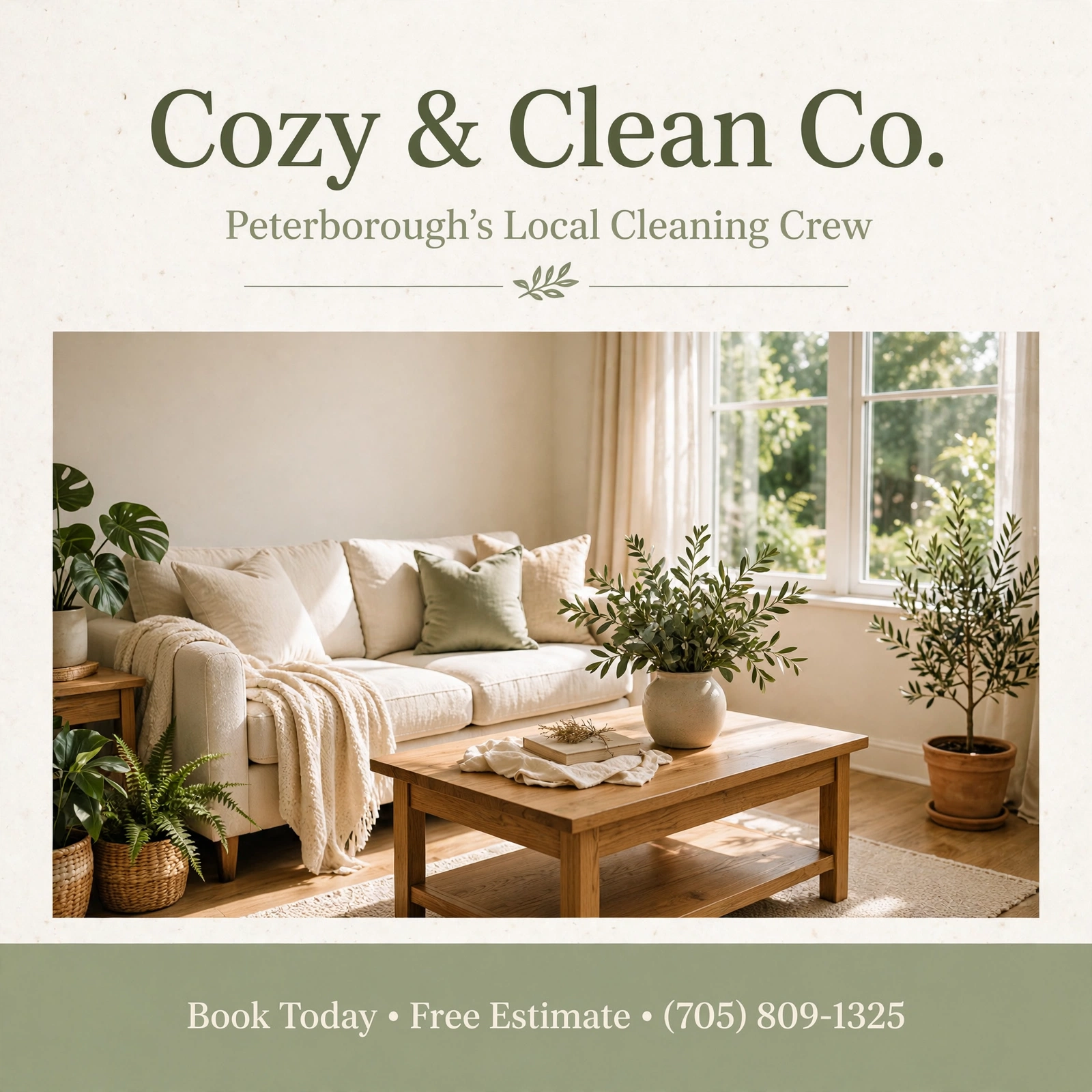 A warm, freshly prepared living room in Cozy & Clean's cream and sage palette
